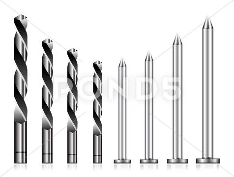 Realistic drill bit and steel nail Stock Illustration