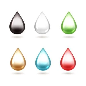 Realistic drops. 3D falling drip. Glossy droplet, light reflection and shadow Stock Illustration