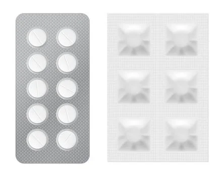 Realistic Drugs Pack. Set Of Tablets Blisters Stock Illustration
