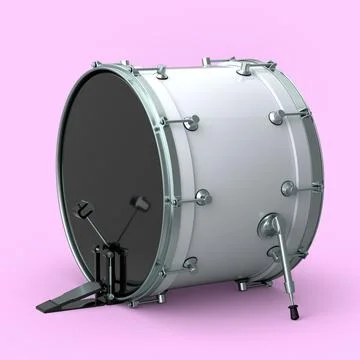 Realistic drum with pedal on pink background. 3d render of musical instrument 库存插图