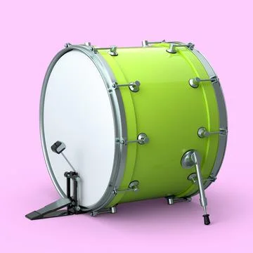 Realistic drum with pedal on pink background. 3d render of musical instrument Stockillustratie