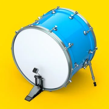 Realistic drum with pedal on yellow background. 3d render of musical instrume Stock Illustration