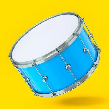Realistic drum on yellow background. 3d render concept of musical instrument Stockillustratie