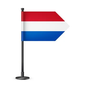 Realistic Dutch table flag on a black steel pole. Souvenir from Netherlands Illustrazione stock