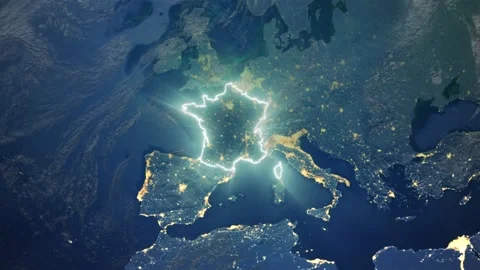 Realistic Earth Night Orbit and Zoom Glowing Borders France Stock Footage 258049088