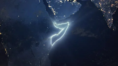 Realistic Earth Night Orbit and Zoom Glowing Borders Somalia Stock Footage 258049366