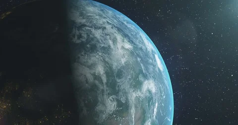 Realistic Earth Planet view from space, Sunshine splits the day and night side Stock Footage 127858687