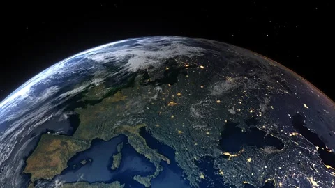 Realistic Earth Sunset From Space Flying Over Continental Europe Stock Footage 249631117