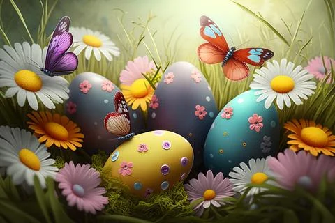 Realistic Easter background with colorful eggs, meadow plants and butterflies Stock Illustration