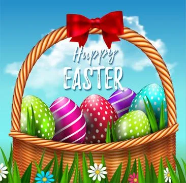 Realistic Easter basket with red bow and colorfull Easter eggs,in spring Stock Illustration