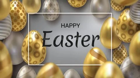 Realistic Easter egg background. Happy holiday banner with golden eggs イラスト素材