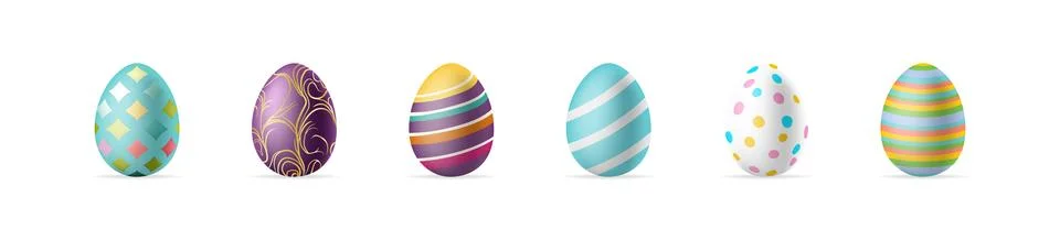 Realistic Easter eggs set. Different 3D isolated egg with colourful pattern.. Illustrazione stock