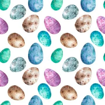 Realistic Eggs pattern on white background, Hand drawn watercolor eggs. Easte Stock Illustration