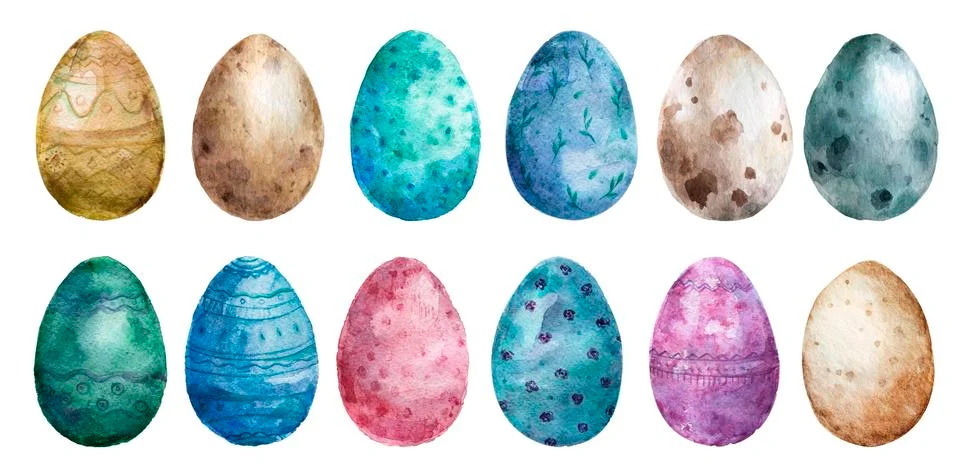 Realistic Eggs pattern on white background, Hand drawn watercolor eggs. Easte 库存照片