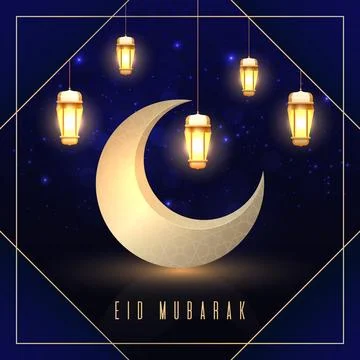 Realistic eid mubarak with moon and lanterns Ilustração Stock