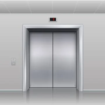 Realistic elevator. Closed metallic cabin doors. Hall interior, building office Ilustración de archivo