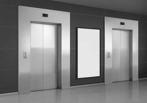 Realistic elevators with close door and ad poster Stock Illustration