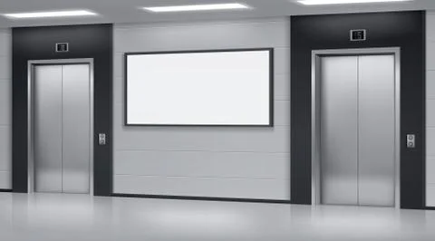 Realistic elevators with close door and ad poster Stock Illustration