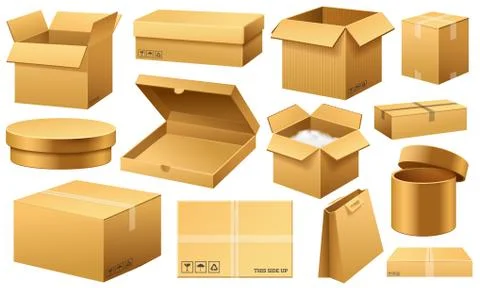 Realistic empty cardboard box Opened. Brown delivery. Carton package with Stock Illustration