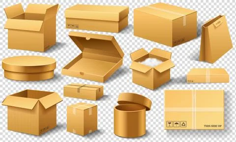 Realistic empty cardboard box Opened. Brown delivery. Carton package with Illustrazione stock
