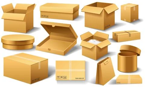 Realistic empty cardboard box Opened. Brown delivery. Carton package with Illustrazione stock