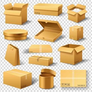 Realistic empty cardboard box Opened. Brown delivery. Carton package with Illustrazione stock