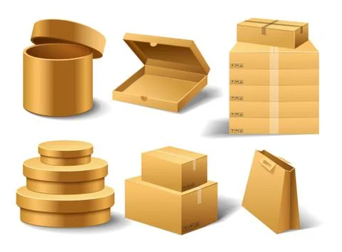Realistic empty cardboard box Opened. Brown delivery. Carton package with Illustrazione stock