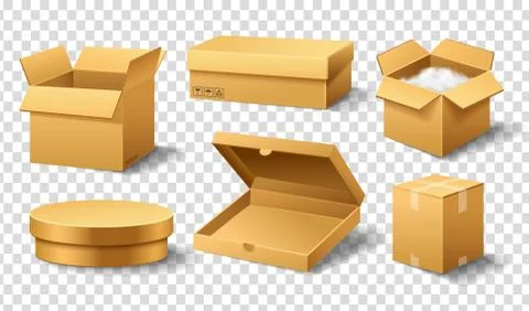 Realistic empty cardboard box Opened. Brown delivery. Carton package with Illustrazione stock