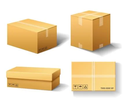 Realistic empty cardboard box Opened. Brown delivery. Carton package with Illustrazione stock