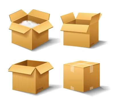 Realistic empty cardboard box Opened. Brown delivery. Carton package with Illustrazione stock