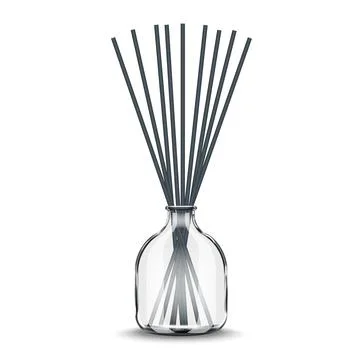 Realistic empty clear glass bottle diffuser with dark reed sticks vector 3d.. Illustrazione stock