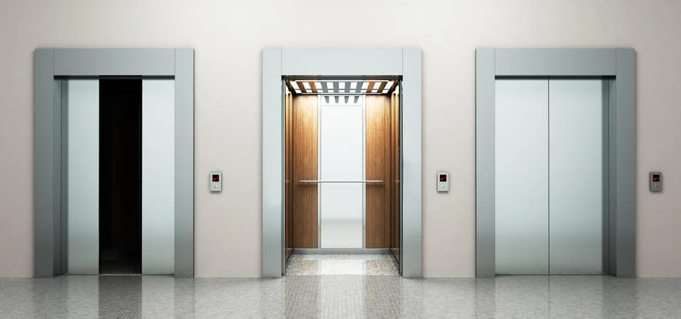 Realistic empty elevators hall interior with waiting lift marble floor ceilin Illustrazione stock