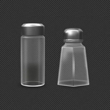 Realistic empty glass containers of various shapes with metal lids for salt and Stock Illustration