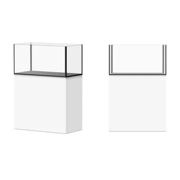 Realistic empty glass display box 3d vector mockup set on a white pedestal .. Illustrazione stock