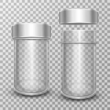 Realistic empty glass jars with silver metal lids Stock Illustration