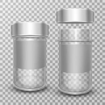 Realistic empty glass jars with silver metal lids Stock Illustration