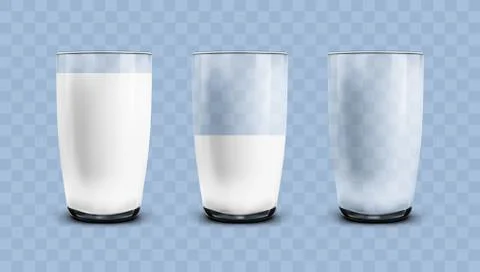Realistic Empty, Half And Full Of Milk Transparent Glasses Stock Illustration