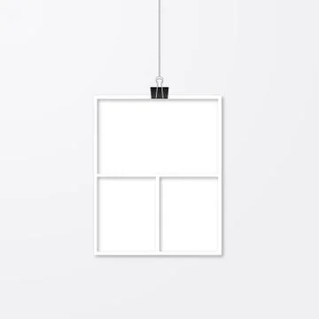 Realistic empty paper photo frame hanging by binder clips on white wall. Wedd Stock Illustration