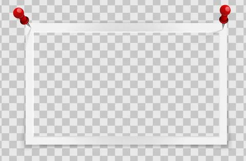 Realistic empty rectangle photo frame on pins overlay mockup isolated. Paper 스톡 일러스트