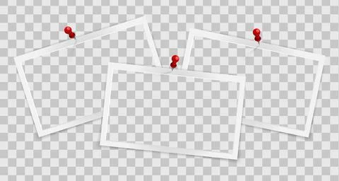 Realistic empty rectangle photo frames on pins overlay mockup isolated. Paper イラスト素材