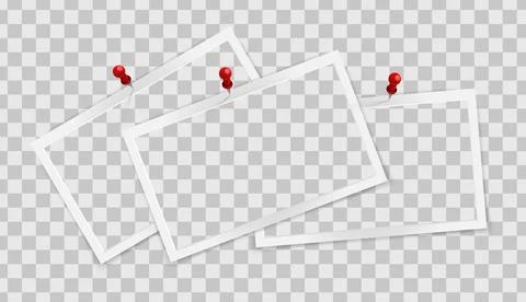 Realistic empty rectangle photo frames on pins overlay mockup isolated. Paper Stock Illustration