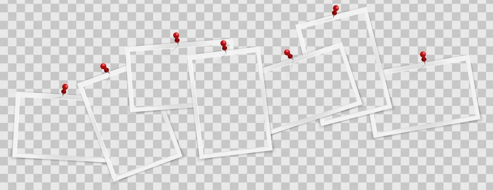 Realistic empty rectangle photo frames on pins overlay mockup isolated. Paper Stock Illustration