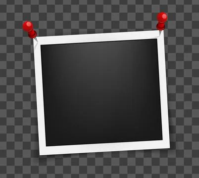 Realistic empty square photo frame on pins mockup isolated. Paper vintage Stock Illustration