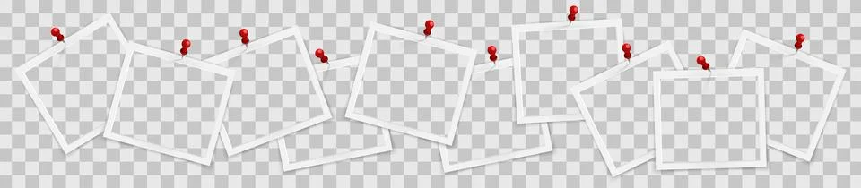 Realistic empty square photo frames on pins overlay mockup isolated. Paper Stock-Illustration