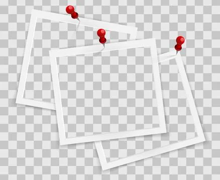 Realistic empty square photo frames on pins overlay mockup isolated. Paper Stock Illustration