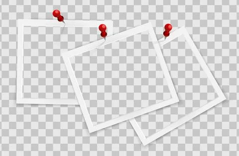 Realistic empty square photo frames on pins overlay mockup isolated. Paper Stock Illustration