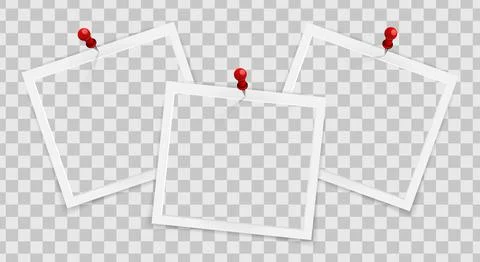 Realistic empty square photo frames on pins overlay mockup isolated. Paper Ilustração Stock