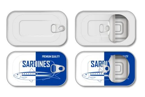 Realistic empty tin can with label and without. Sardine tin can mockup top view Stock-Illustration