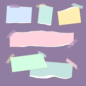 Realistic empty torn colored paper notes with sticky tape on purple background Stock Illustration