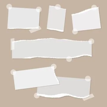 Realistic empty torn paper notes with sticky tape on beige background. Vector Stock Illustration
